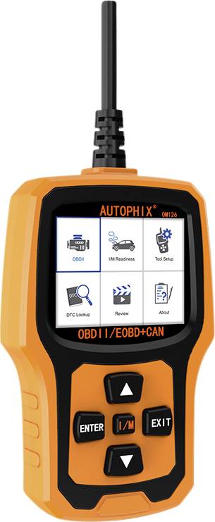 Un scanner de diagnostic OBD2 orange avec un écran affichant divers outils de diagnostic. Adapté pour le diagnostic automobile.