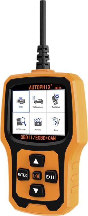 Un scanner de diagnostic OBDII orange avec écran affiche des icônes de menu pour OBDII, lecture I/M, révisions et informations.
