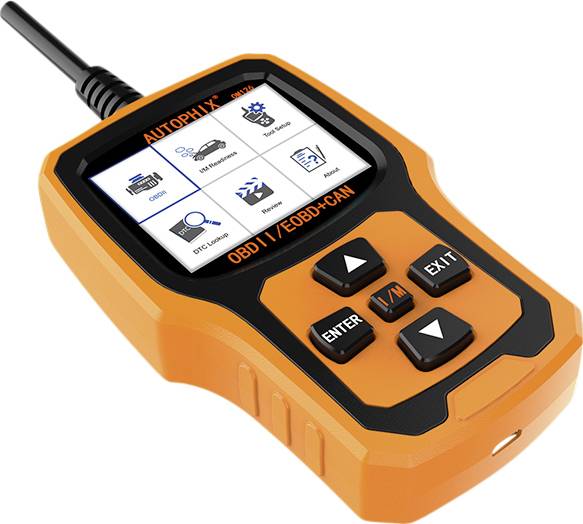 Un appareil de diagnostic OBDII/CAN orange avec un écran affichant différentes icônes d'options de scan automobile.