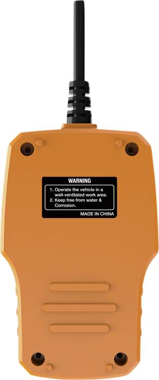Appareil Orange avec câble, vue arrière. Avertissement : '1. Utilisez l'appareil dans un endroit bien ventilé. 2. Protéger contre l'eau et la corrosion.' Fabriqué en Chine.