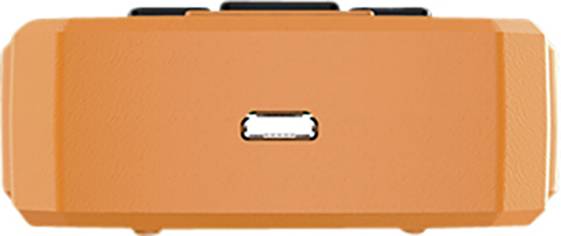 Un appareil orange avec un port USB central.