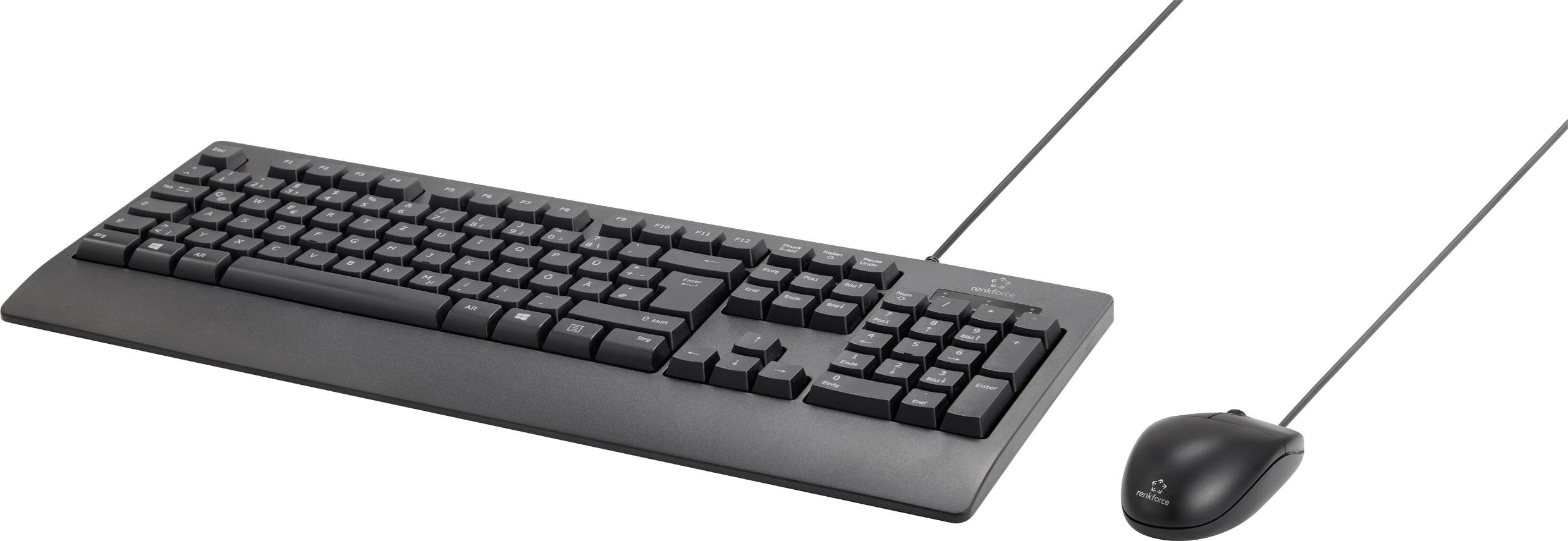 Un clavier et une souris filaires noirs sur un fond blanc. Idéal pour un poste de travail informatique.