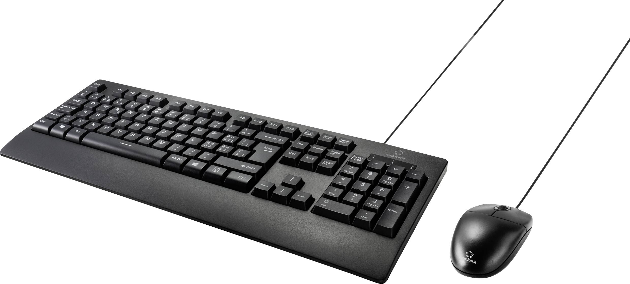 Clavier et souris filaires noirs sur fond blanc.