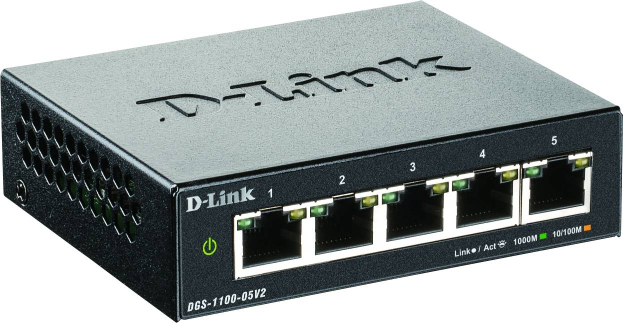 Switch réseau à 5 ports de D-Link, modèle DGS-1100-05V2, noir, montrant la face avant avec cinq ports Ethernet et bouton d'alimentation.