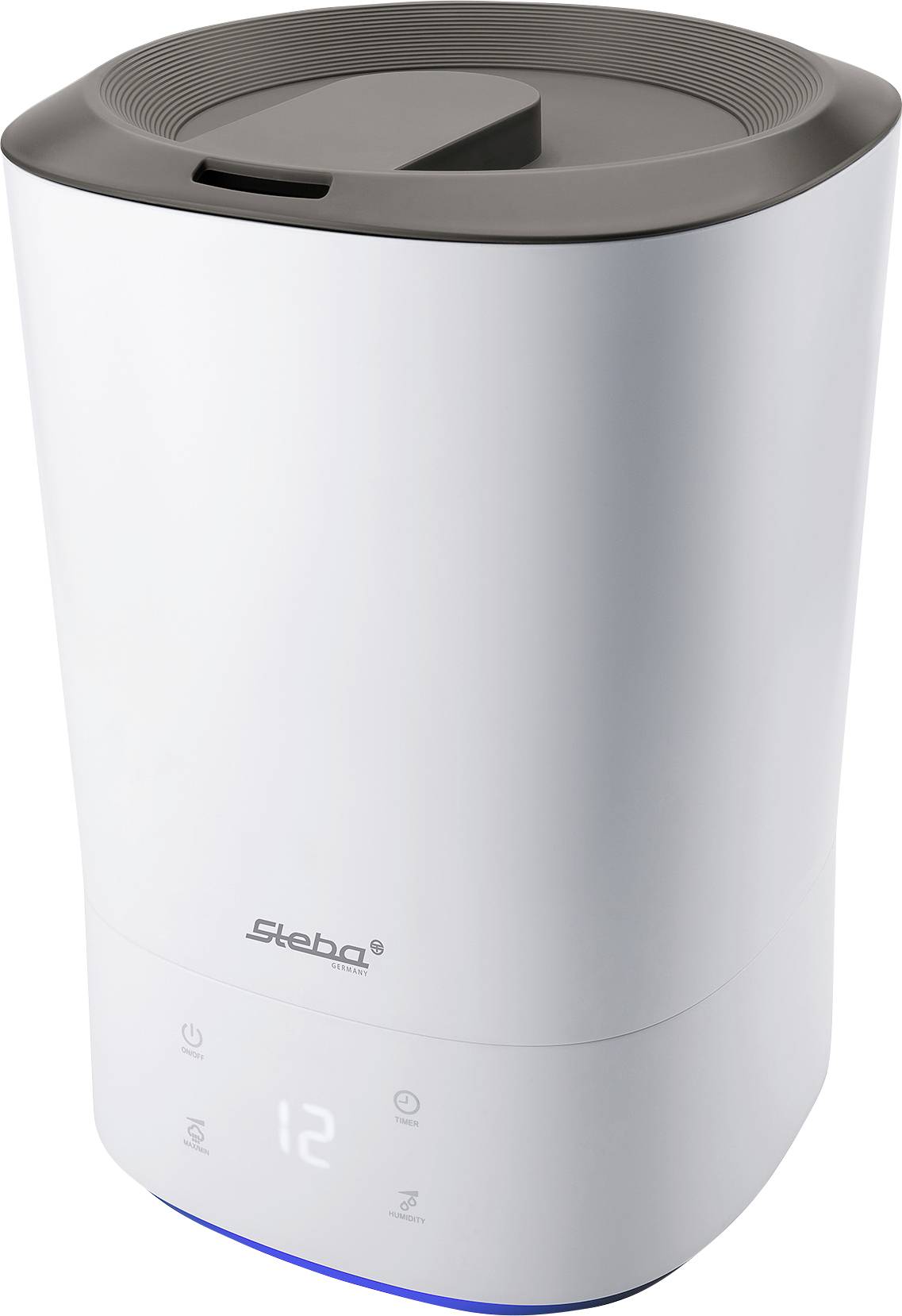 Un humidificateur blanc avec des commandes numériques et un affichage à l'avant. Un grand couvercle noir se trouve sur le dessus.