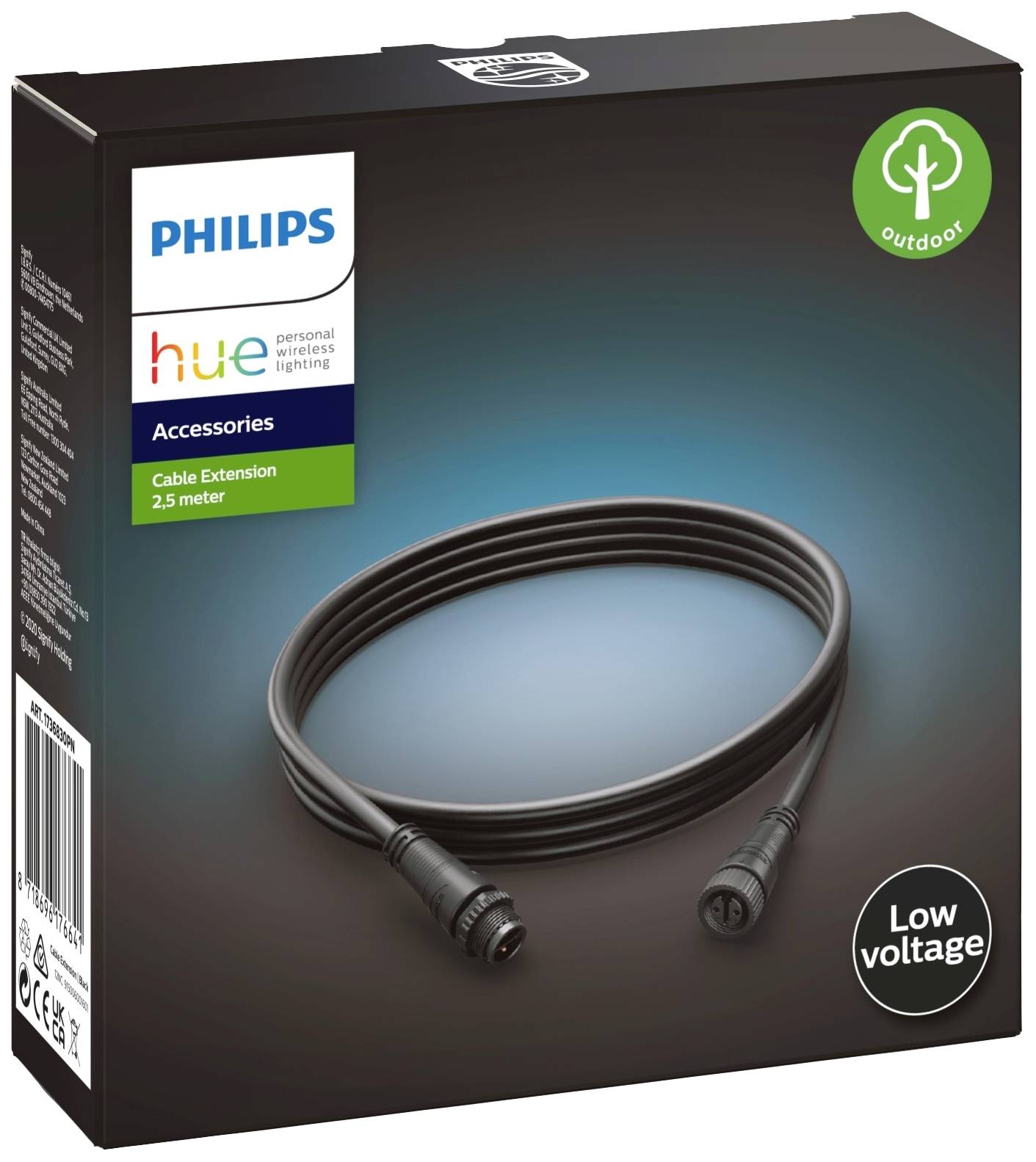 Rallonge Philips Hue de 2,5 m pour extérieur, basse tension, présentée dans un emballage noir. Adaptée pour l'éclairage extérieur.