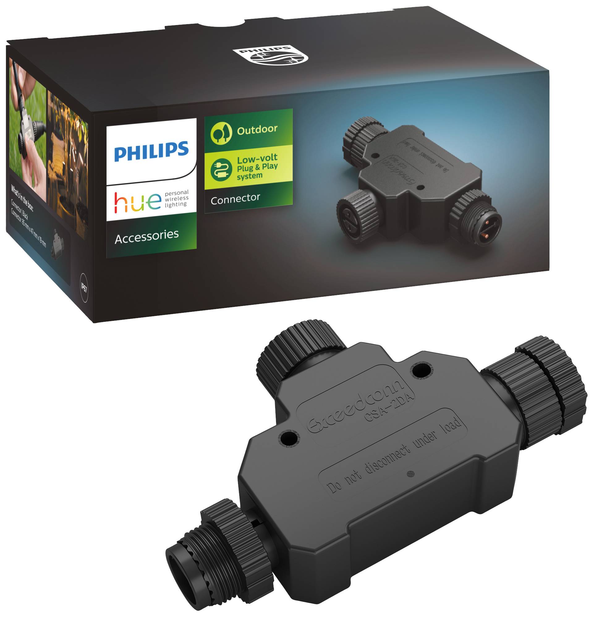 Une prise extérieure Philips Hue noire dans son emballage. L'emballage présente des symboles indiquant une utilisation en extérieur et la compatibilité avec différents systèmes.