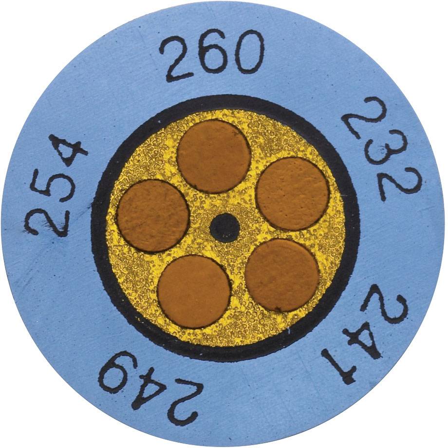 Cercle bleu avec les chiffres 260, 232, 241, 249, 254 sur le pourtour et cinq points orange à l'intérieur du cercle jaune.