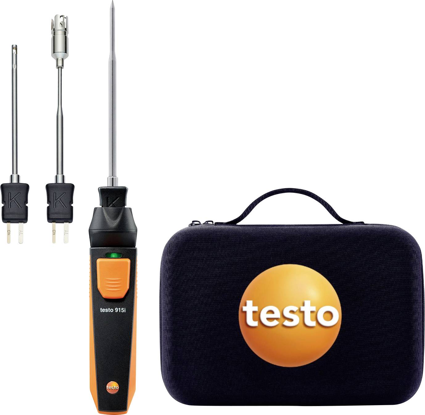Appareil de mesure avec des capteurs à forme de sonde et un étui noir avec le logo orange 'Testo'. Adapté pour les mesures de température.