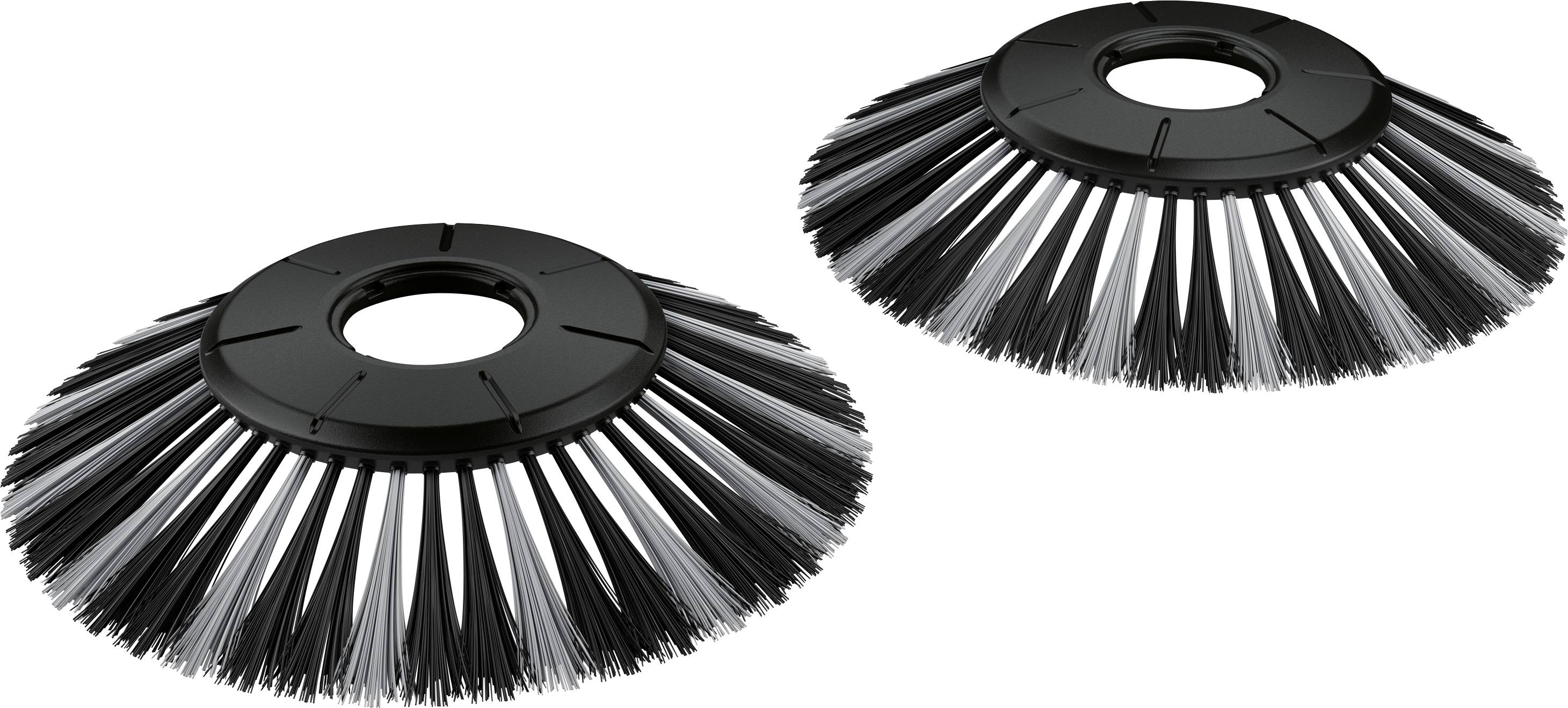 Deux balais de nettoyage noirs avec une disposition circulaire des poils, utilisés pour les balayeuses ou les machines de nettoyage.