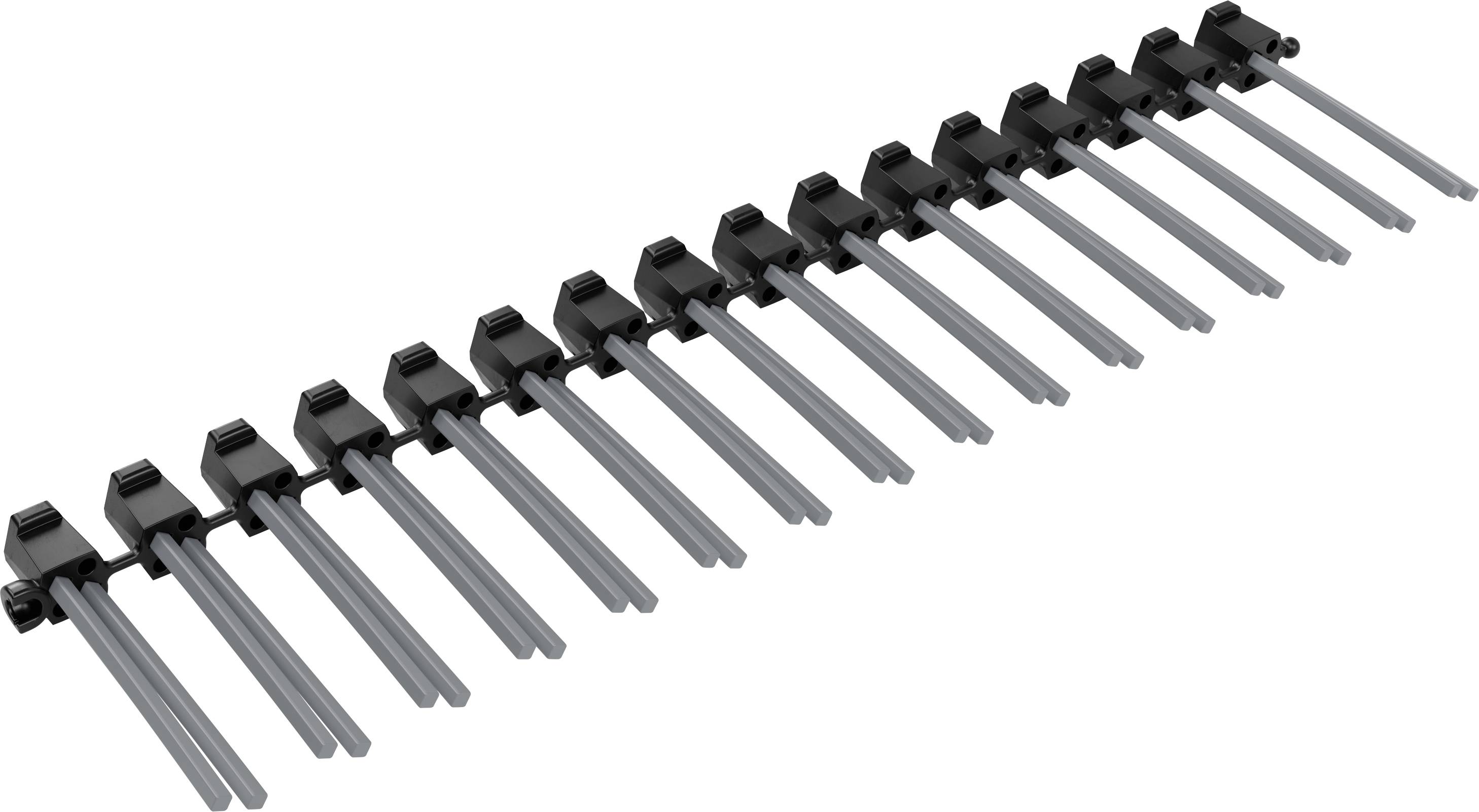 Connecteur électronique noir multipolaire à broches métalliques verticales, utilisé pour la connexion à une carte de circuit imprimé.