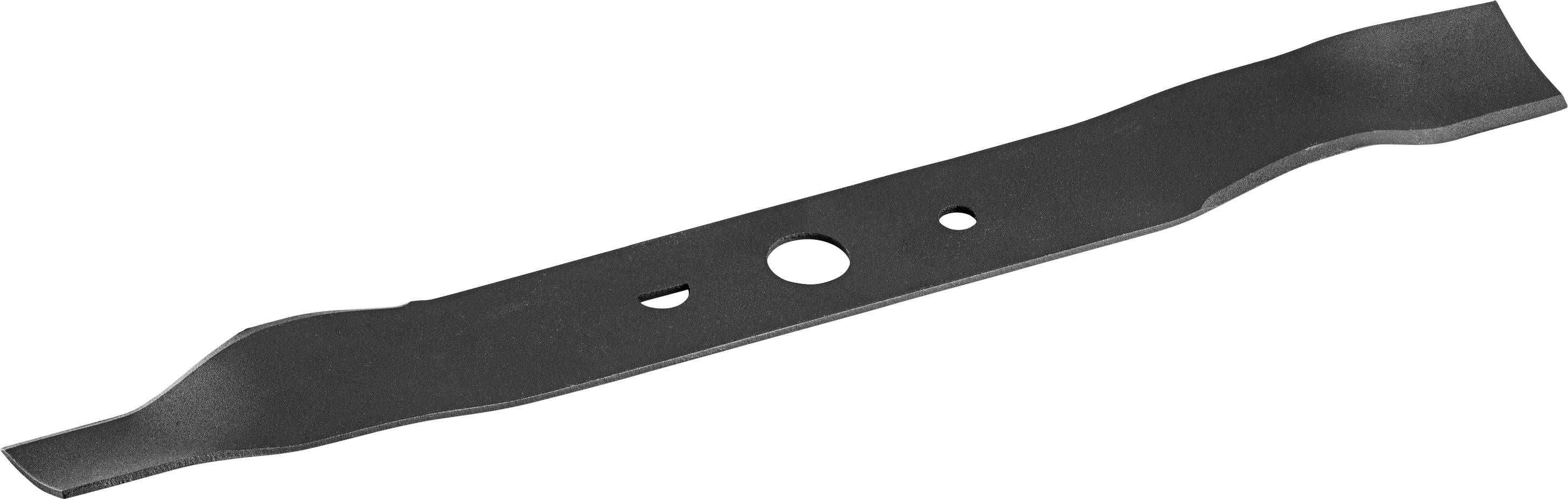Une lame de tondeuse à gazon à forme incurvée destinée à être montée sur une tondeuse. Elle comporte plusieurs trous de fixation.