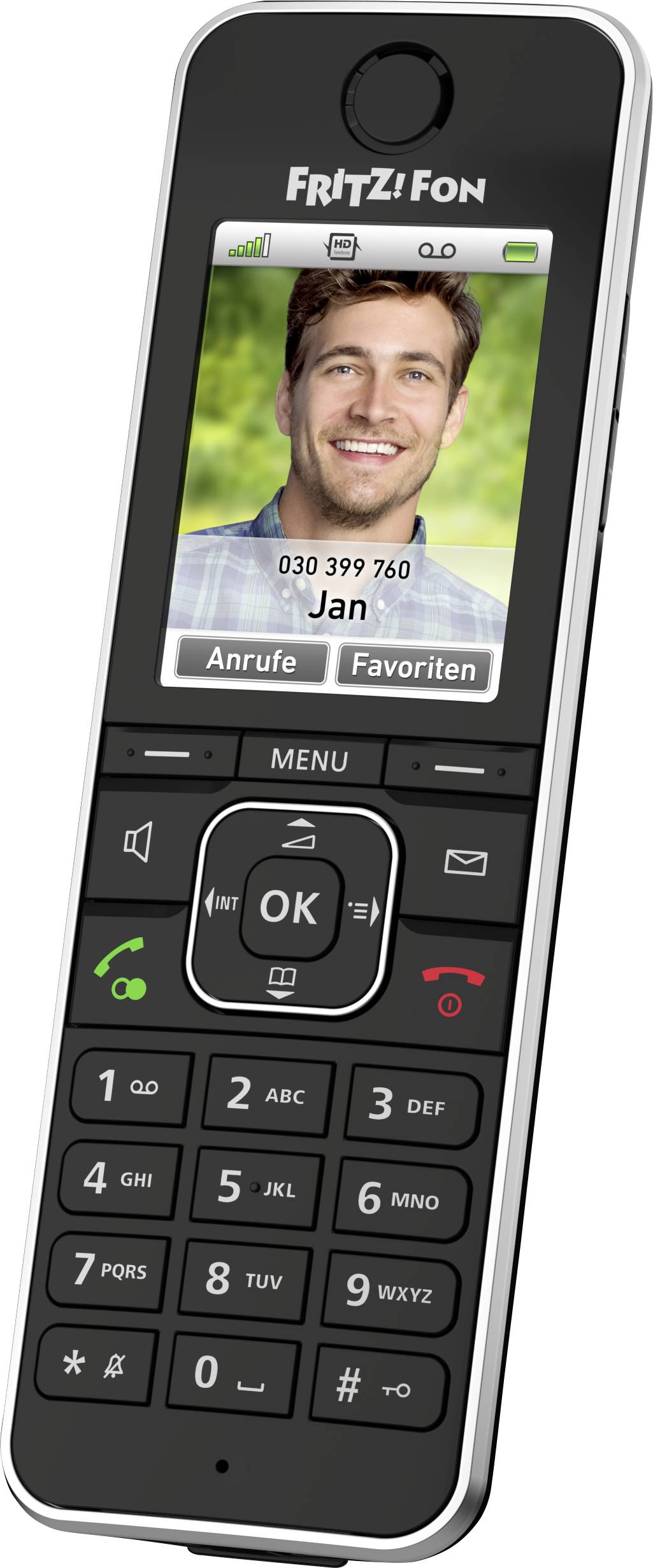 Téléphone sans fil avec écran affichant la photo de portrait d'un homme souriant, nommé 'Jan', et son numéro de téléphone. Clavier situé en dessous.