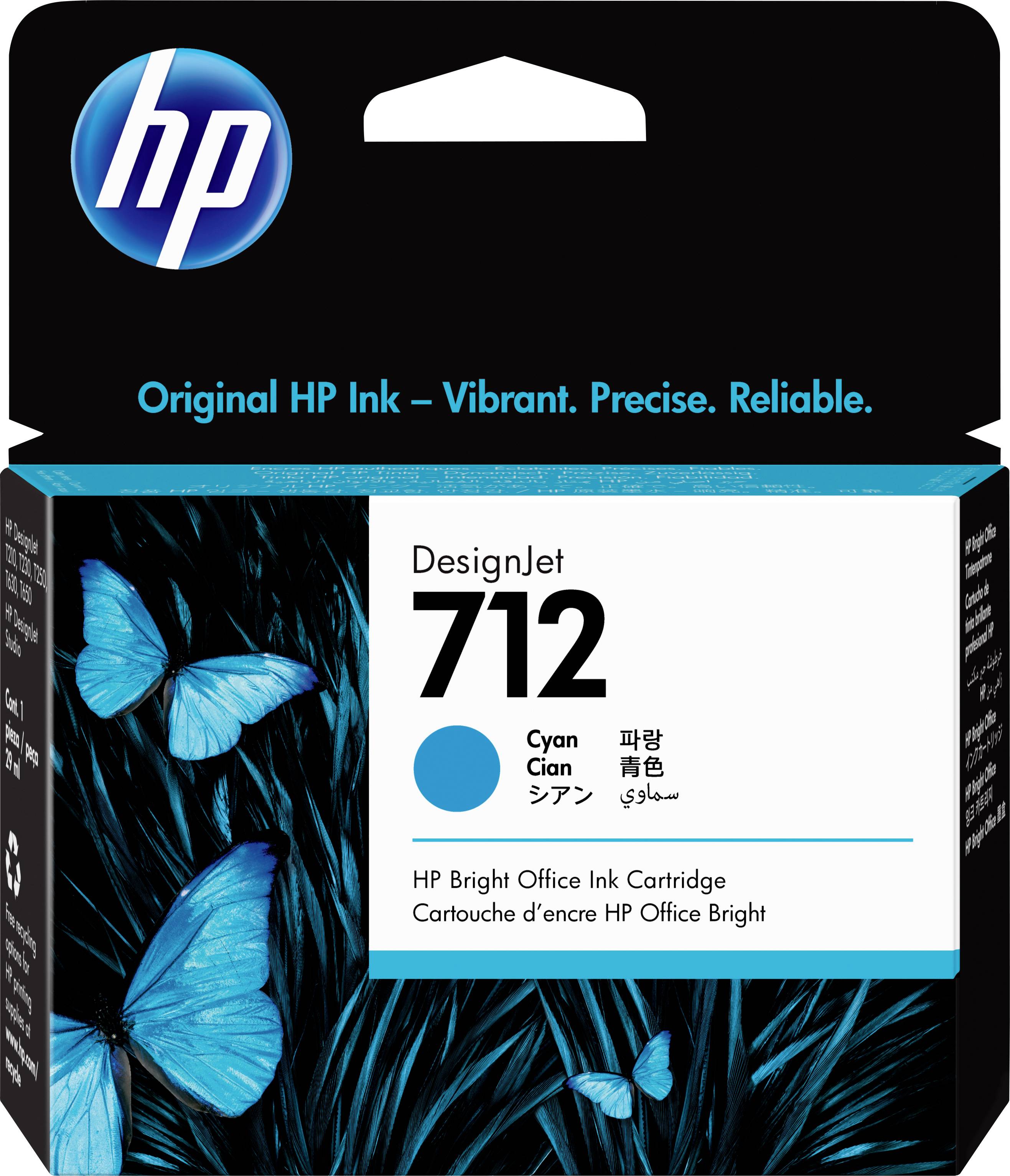 HP DesignJet 712 Ink Cartridge in Cyan. Packaging with an image of blue butterflies. Large HP logo in the top left corner.