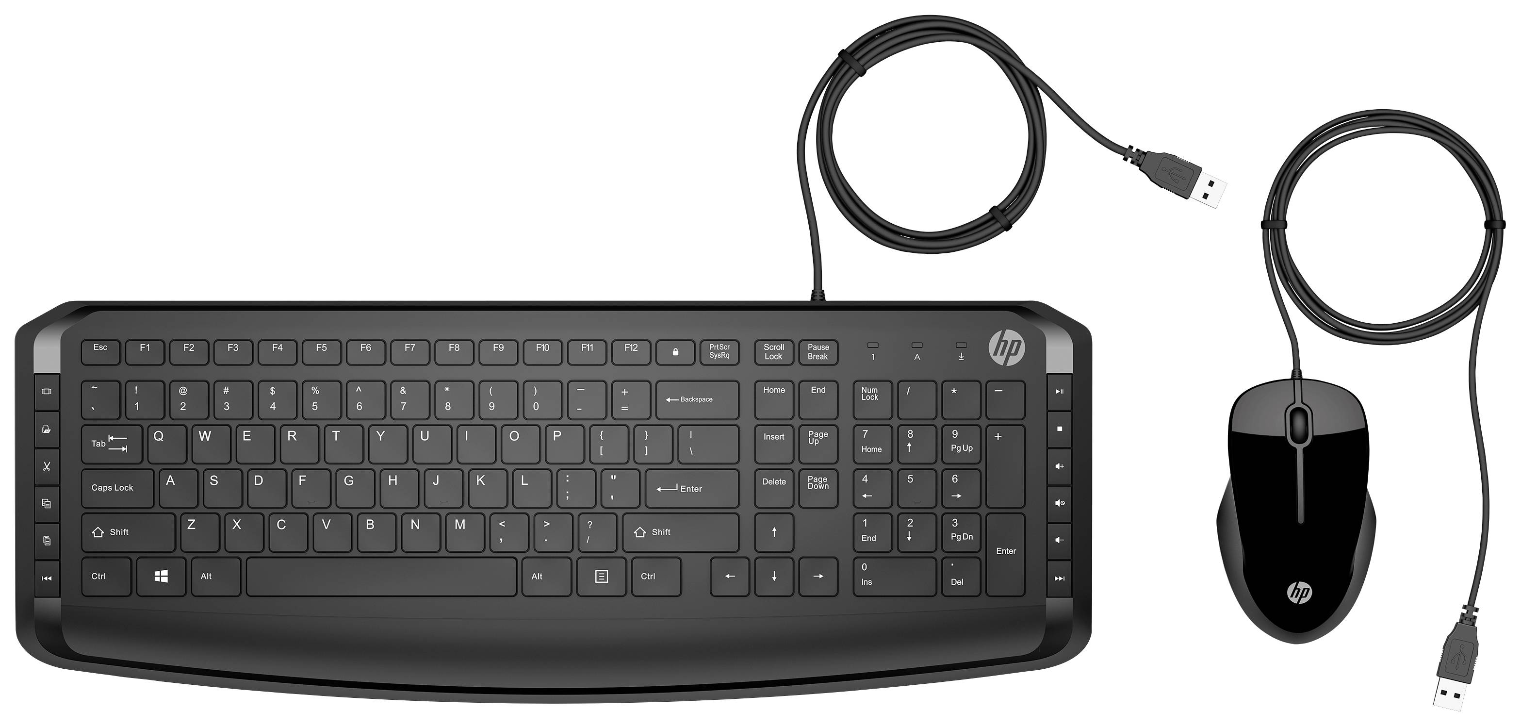 Un clavier et une souris noirs avec connexion USB. Le clavier dispose d'une disposition complète incluant le pavé numérique.