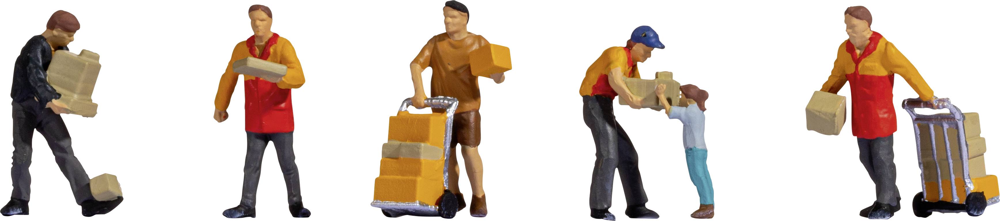 Figurines de jouets dans différentes professions : Livreur avec des colis, ouvrier avec une brouette, père et enfant, homme avec un chariot.