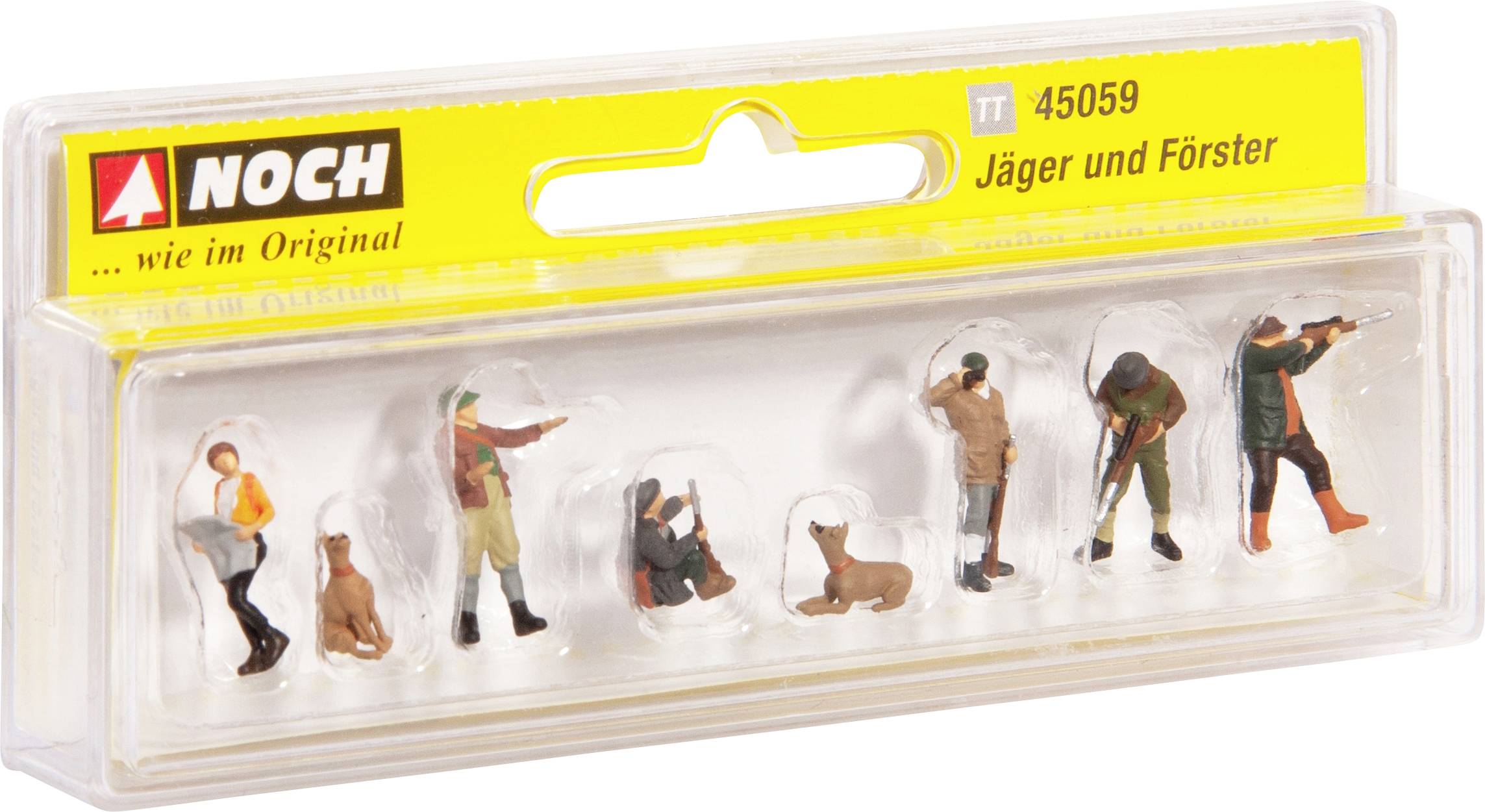 Emballage contenant des figurines miniatures de chasseurs et de gardes forestiers, incluant un chien, destinées à des fins de modélisme.