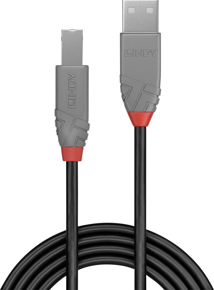 Câble USB noir avec connecteurs USB-A et USB-B. Les connecteurs sont gris avec des accents rouges et portent l'inscription 'Lindy'.