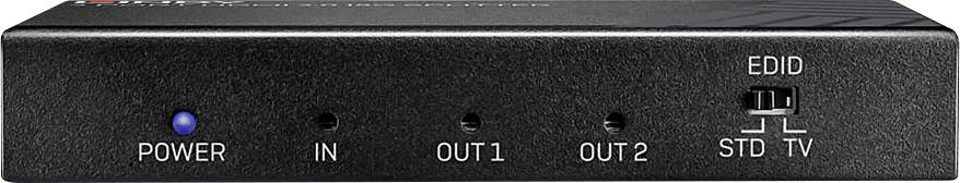 Un appareil noir avec des étiquettes : 'POWER', 'IN', 'OUT1', 'OUT2', 'EDID' et un interrupteur avec les positions 'STD' et 'TV'.