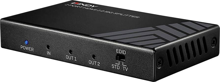 Un répartiteur HDMI avec deux sorties, une entrée, des voyants LED et un commutateur EDID sur le devant.