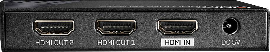 Répartiteur HDMI avec deux sorties HDMI, une entrée HDMI et un port DC 5V, vue de face.