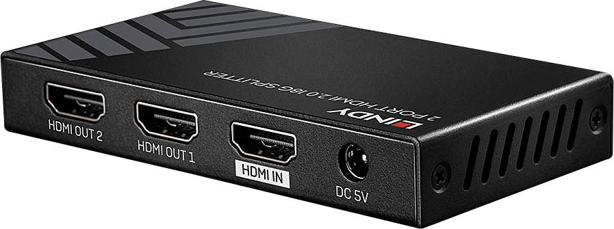 Un répartiteur HDMI avec trois ports HDMI et un port d'alimentation. Il est noir et porte la marque 'Lindy'.