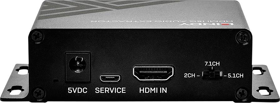 Appareil d'extraction audio noir avec connexions pour 5VDC, Service, entrée HDMI et curseurs pour audio 2CH, 5.1CH et 7.1CH.