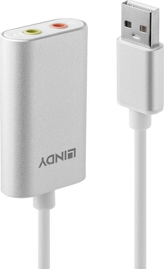 Carte son USB externe avec boîtier argenté, deux ports audio (vert pour les écouteurs, orange pour le microphone) et connecteur USB.