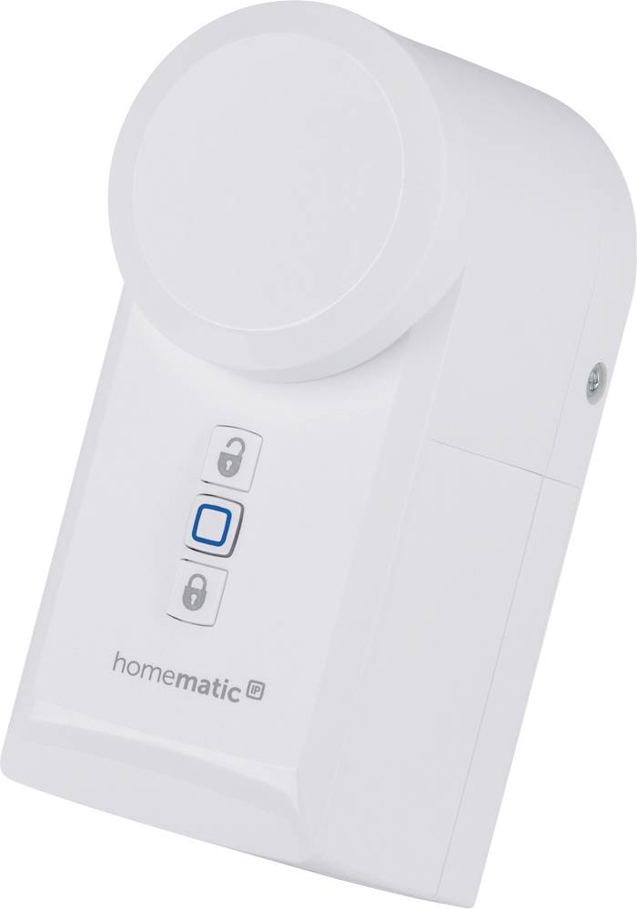 Un appareil domotique blanc et rectangulaire avec des touches et un bouton central bleu pour contrôler des appareils ou des systèmes électroniques.