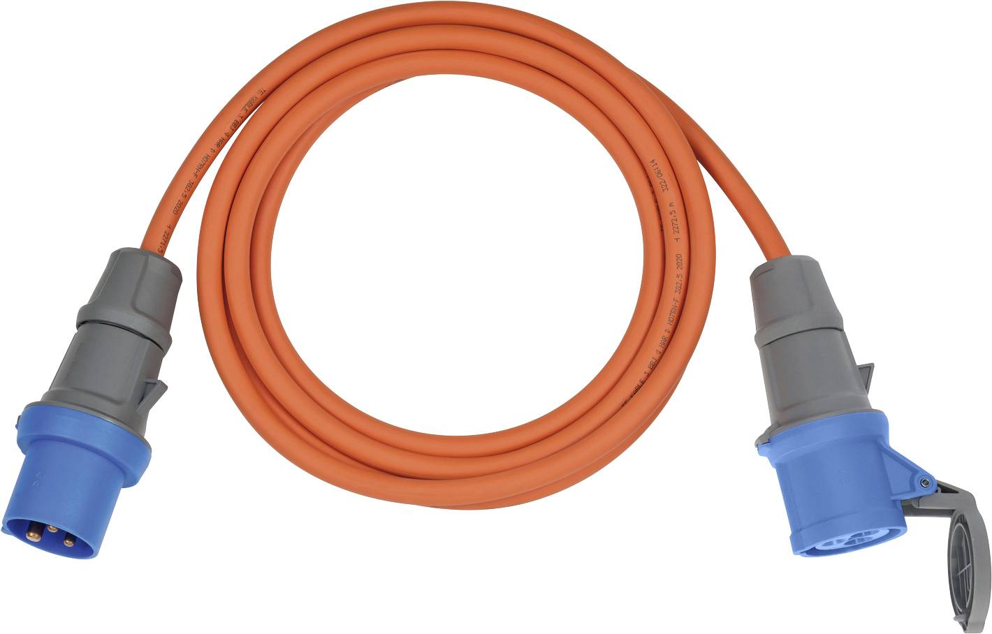 Câble d'alimentation enroulé orange avec des connecteurs industriels bleus aux deux extrémités et un capuchon de protection sur une fiche.