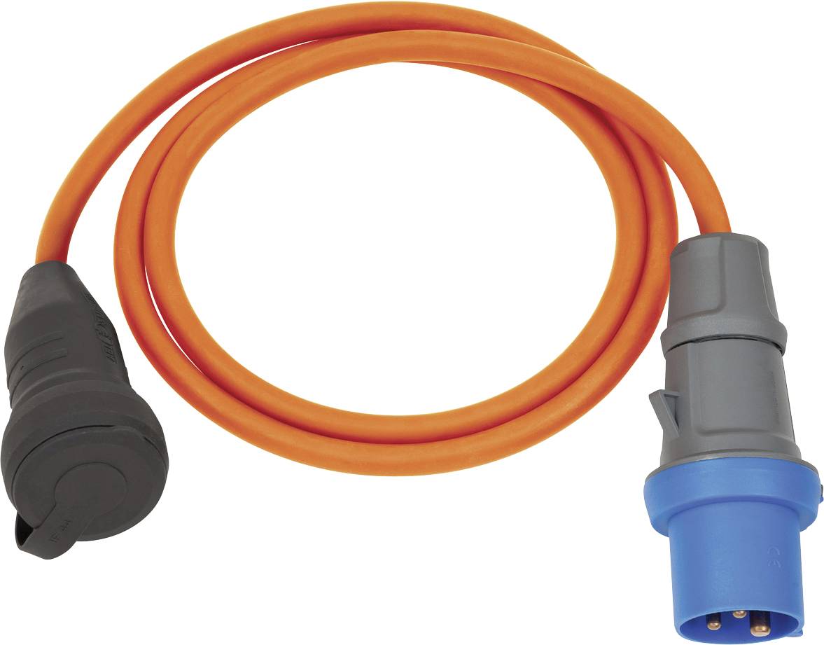 Câble de rallonge électrique orange avec connecteurs de prise industriels noirs et bleus à chaque extrémité