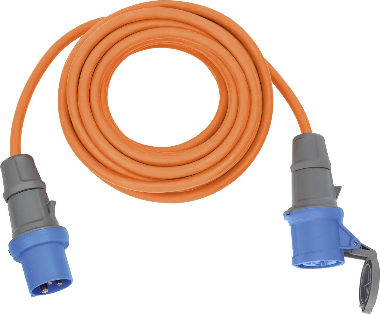 Câble d'alimentation orange enroulé avec connecteurs de prise industriels bleu et gris aux deux extrémités.