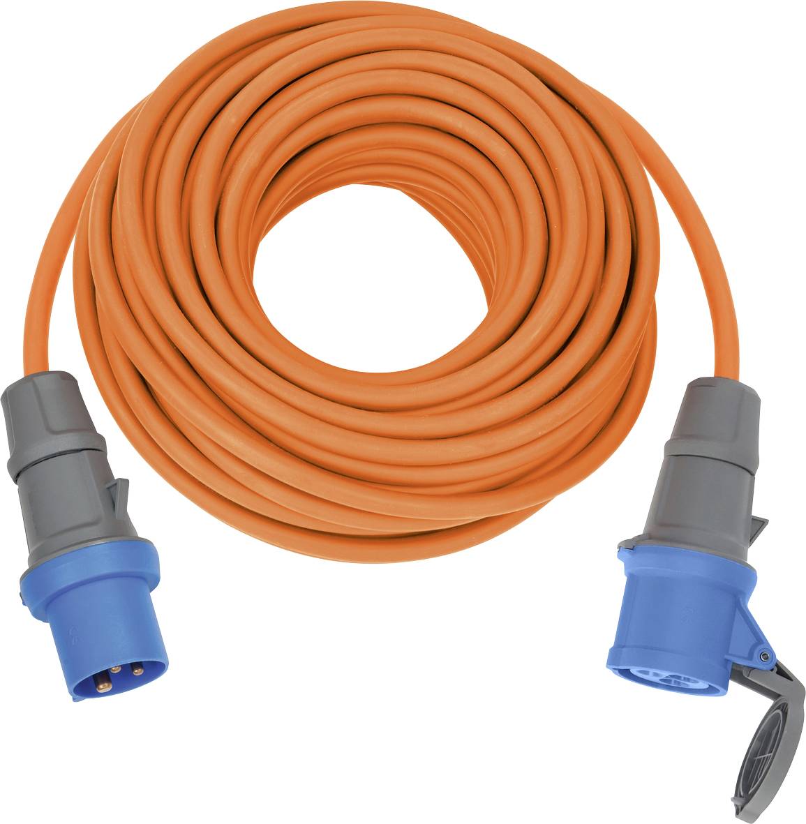 Câble de prolongement électrique orange enroulé avec des connecteurs de prise industrielle bleus et gris aux deux extrémités.