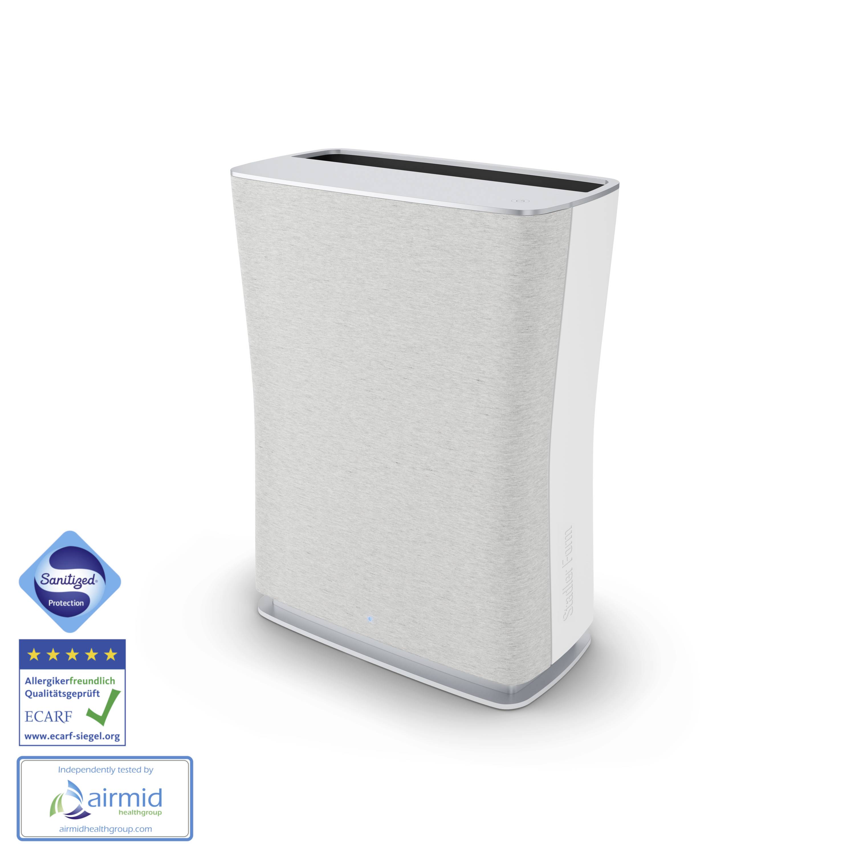 Purificateur d'air au design minimaliste avec indicateur LED bleu et distinctions pour son caractère hypoallergénique sur fond blanc.