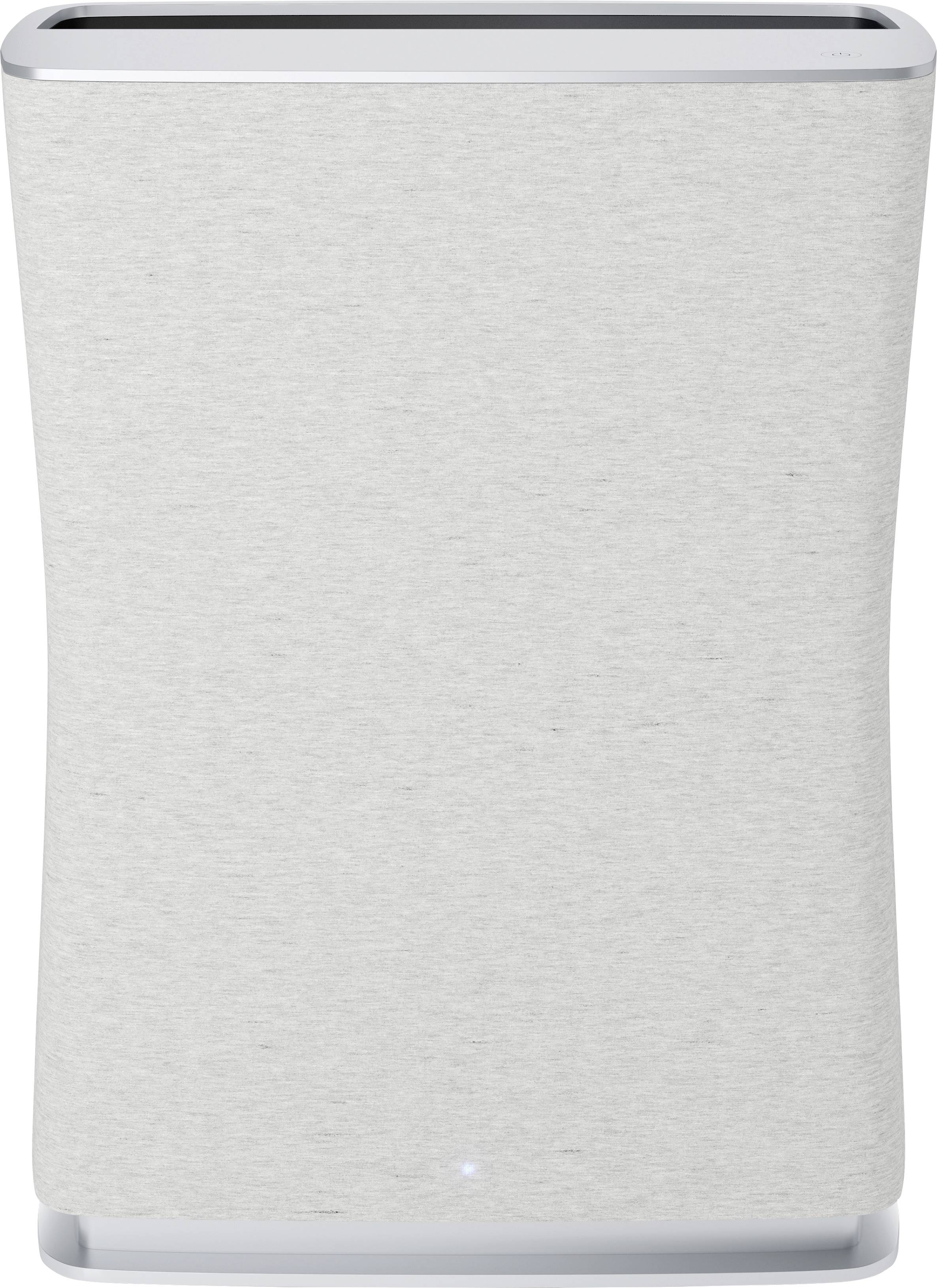 Un purificateur d'air gris au design moderne et incurvé, à la surface lisse, est posé verticalement. Idéal pour un air intérieur pur.