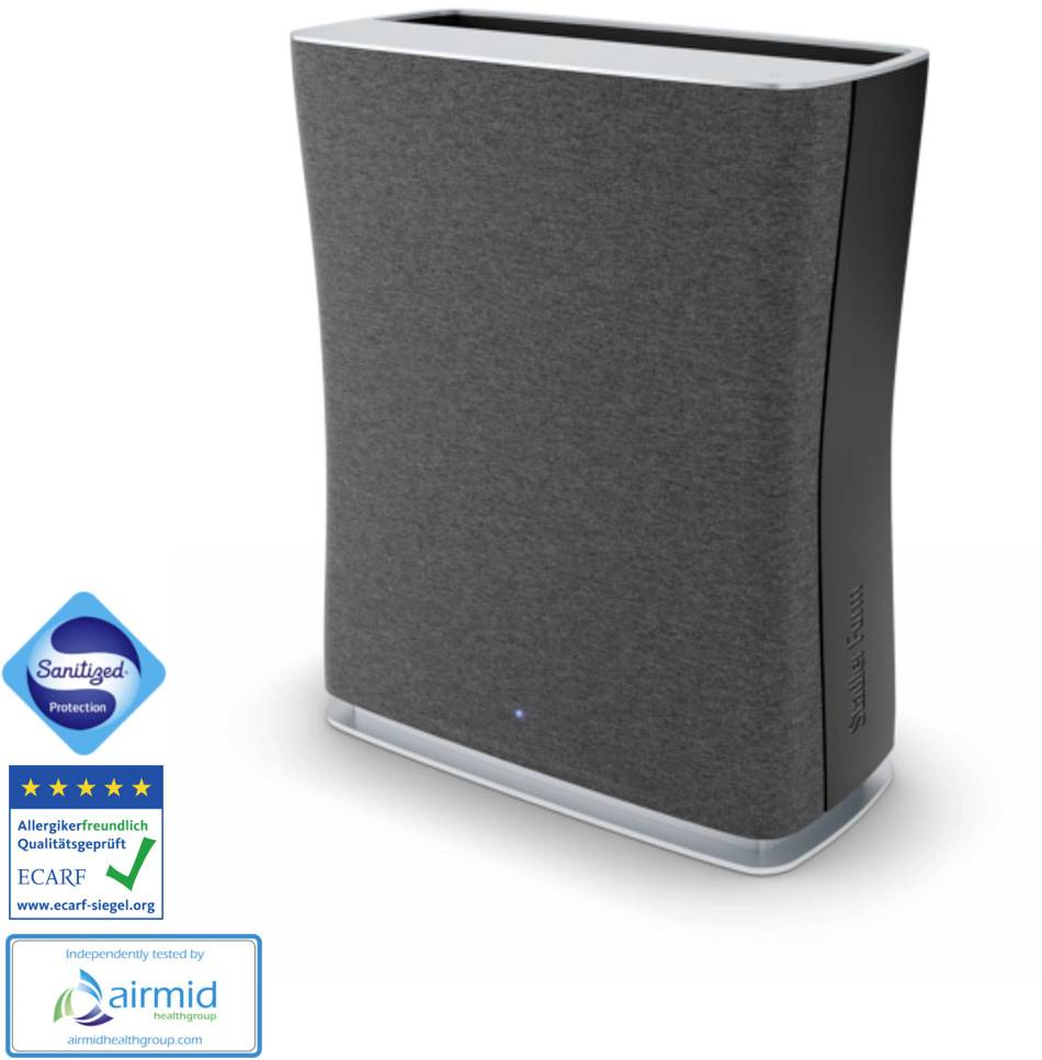 Un purificateur d'air avec un boîtier gris, accompagné de plusieurs certificats de qualité. Adapté aux personnes allergiques.