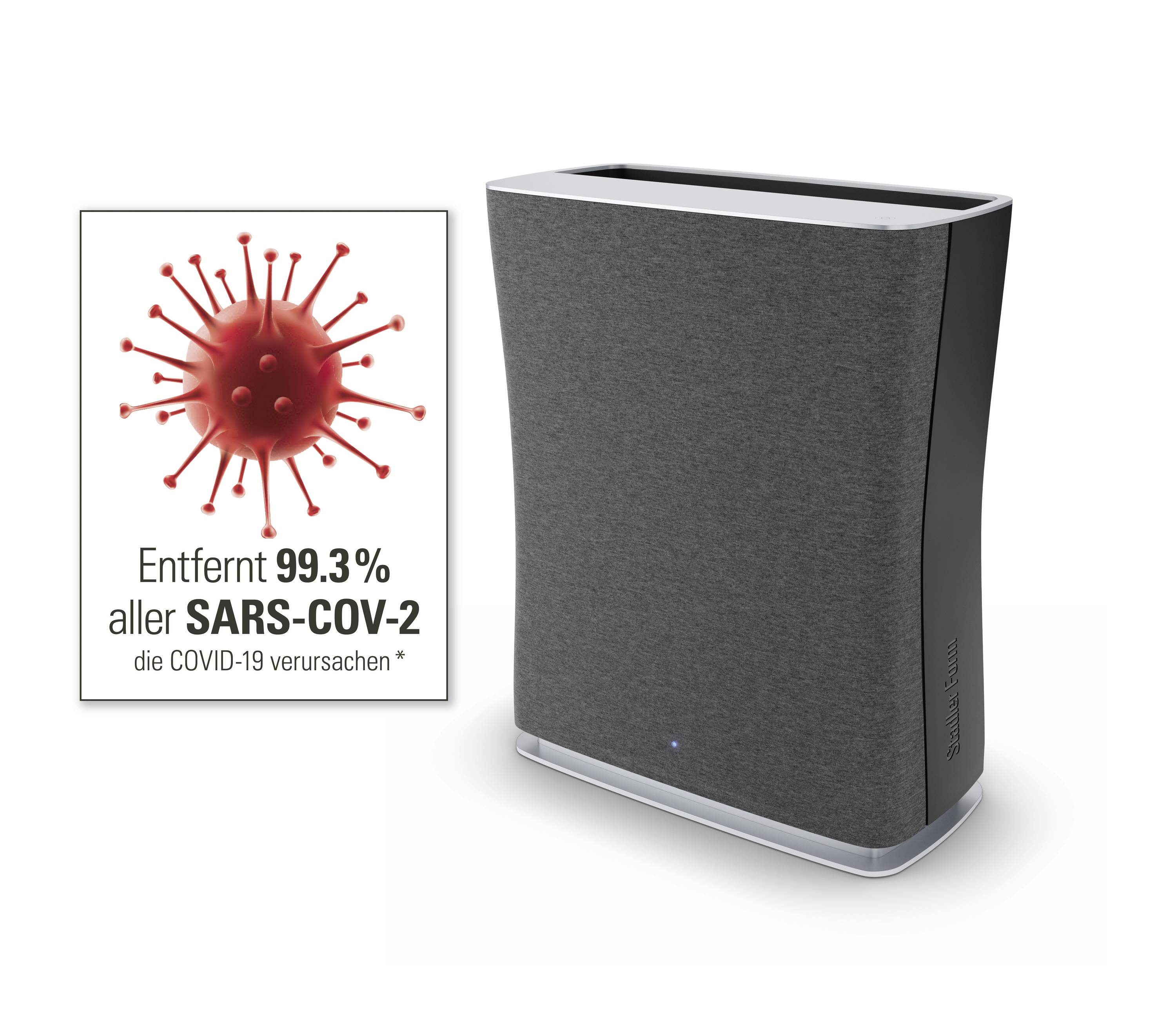 Un purificateur d'air gris à côté d'une image d'un virus et d'un texte : 'Élimine 99,3% de tous les SARS-CoV-2 responsables du COVID-19'.