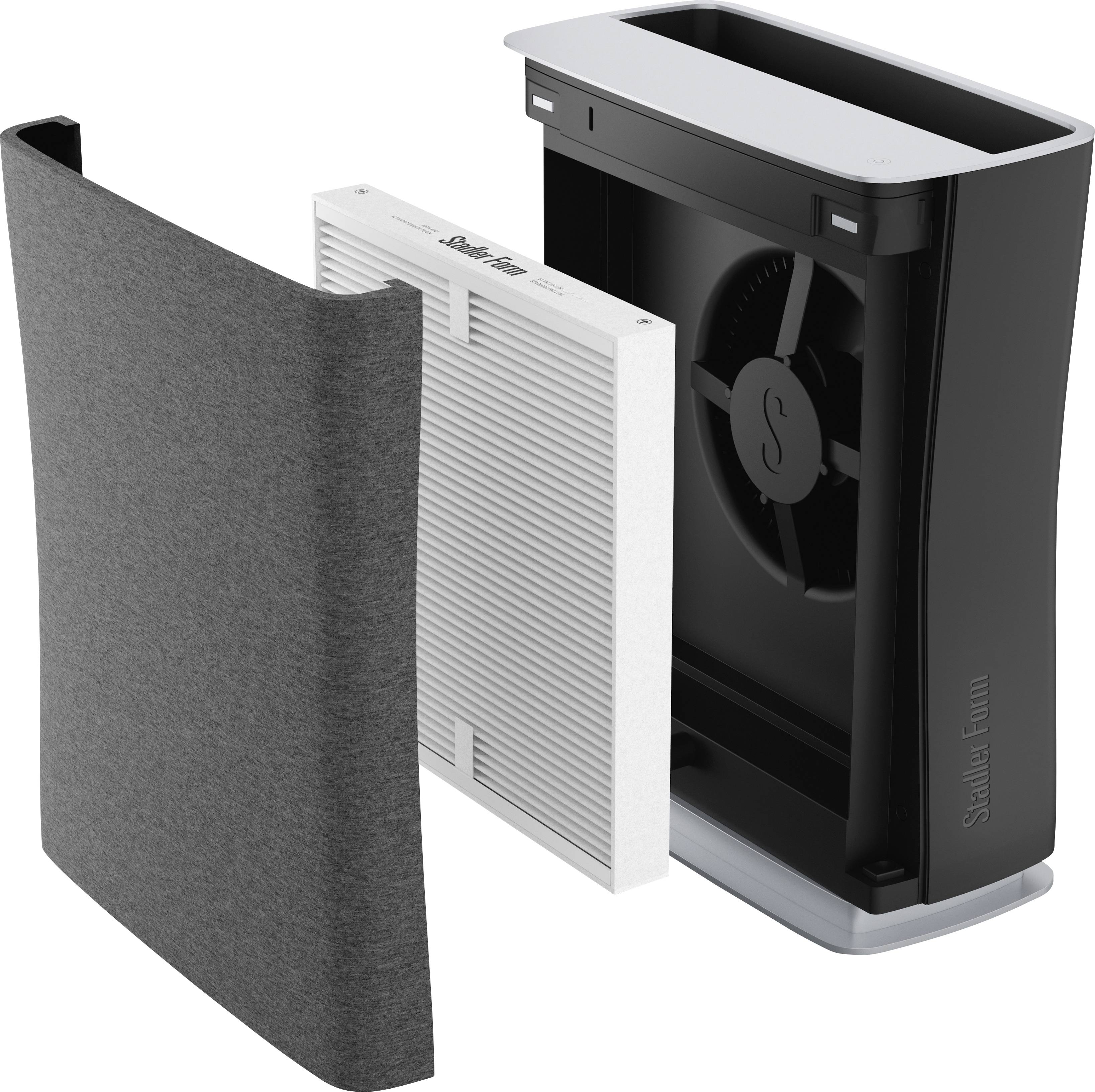 Purificateur d'air composé de trois parties : à gauche un préfiltre gris, au centre un filtre HEPA blanc, à droite l'appareil principal noir avec ventilateur.