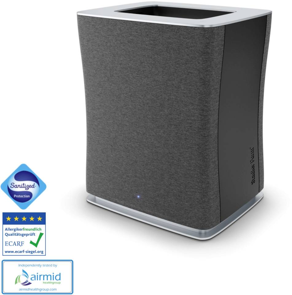 Trois purificateurs d'air gris de différentes tailles côte à côte, avec des LED sous leur base. Certification Airmid indiquée en bas à gauche.