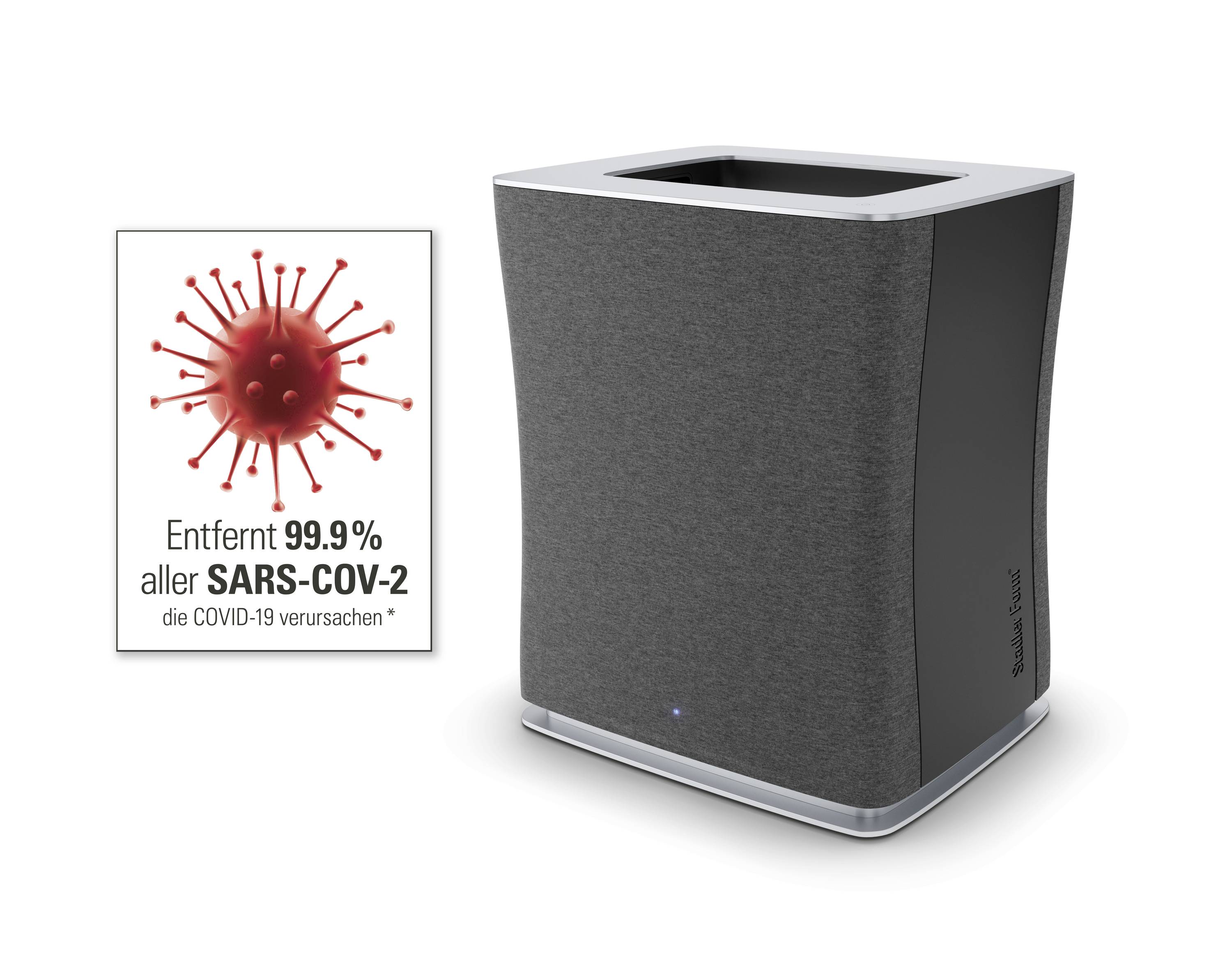 Purificateur d'air avec boîtier gris. Un symbole représente un virus avec le texte : « Élimine 99,9 % de tous les SARS-COV-2 responsables de la COVID-19 ».