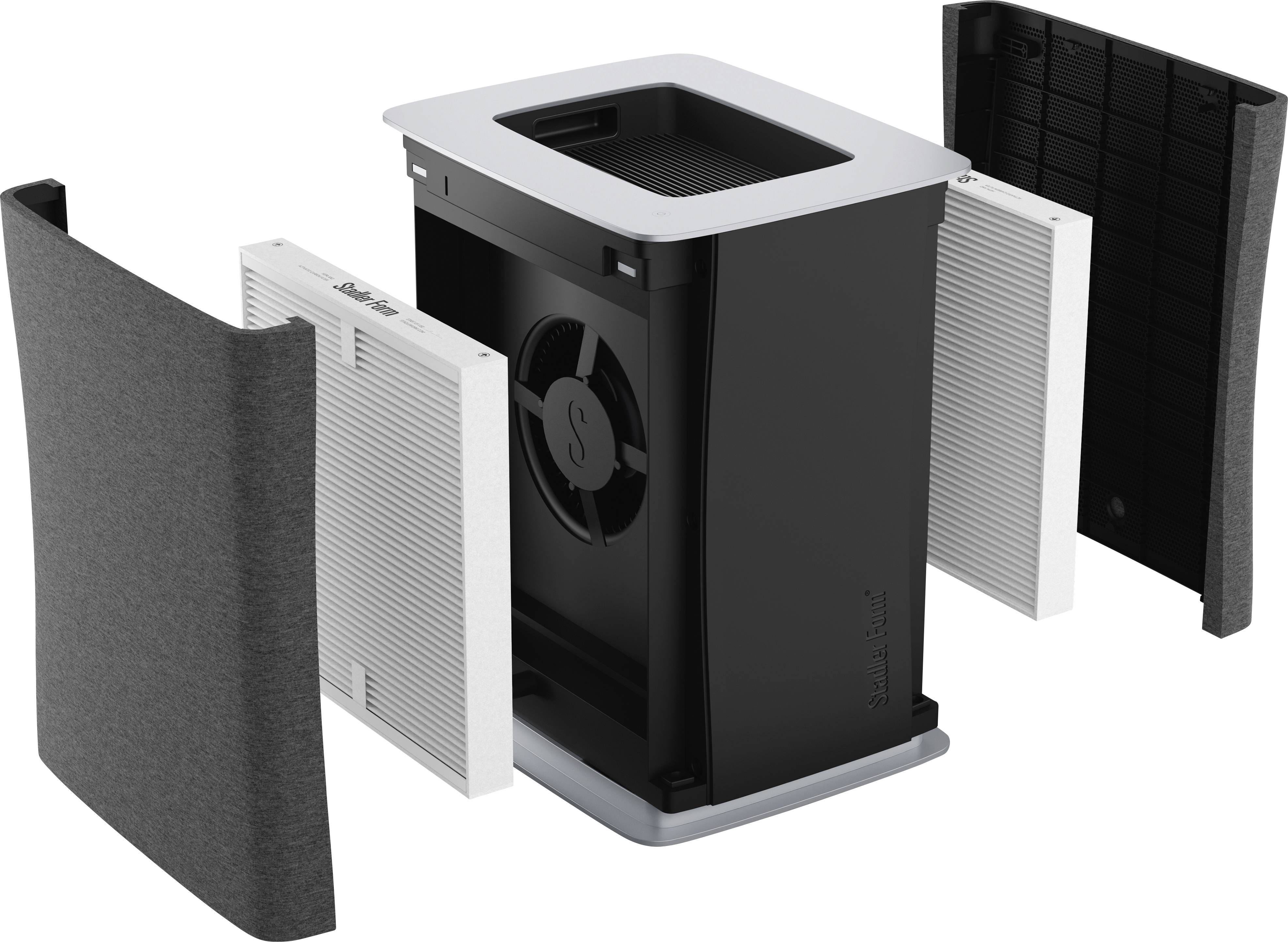 Un purificateur d'air en vue éclatée montre différents filtres et composants du boîtier.