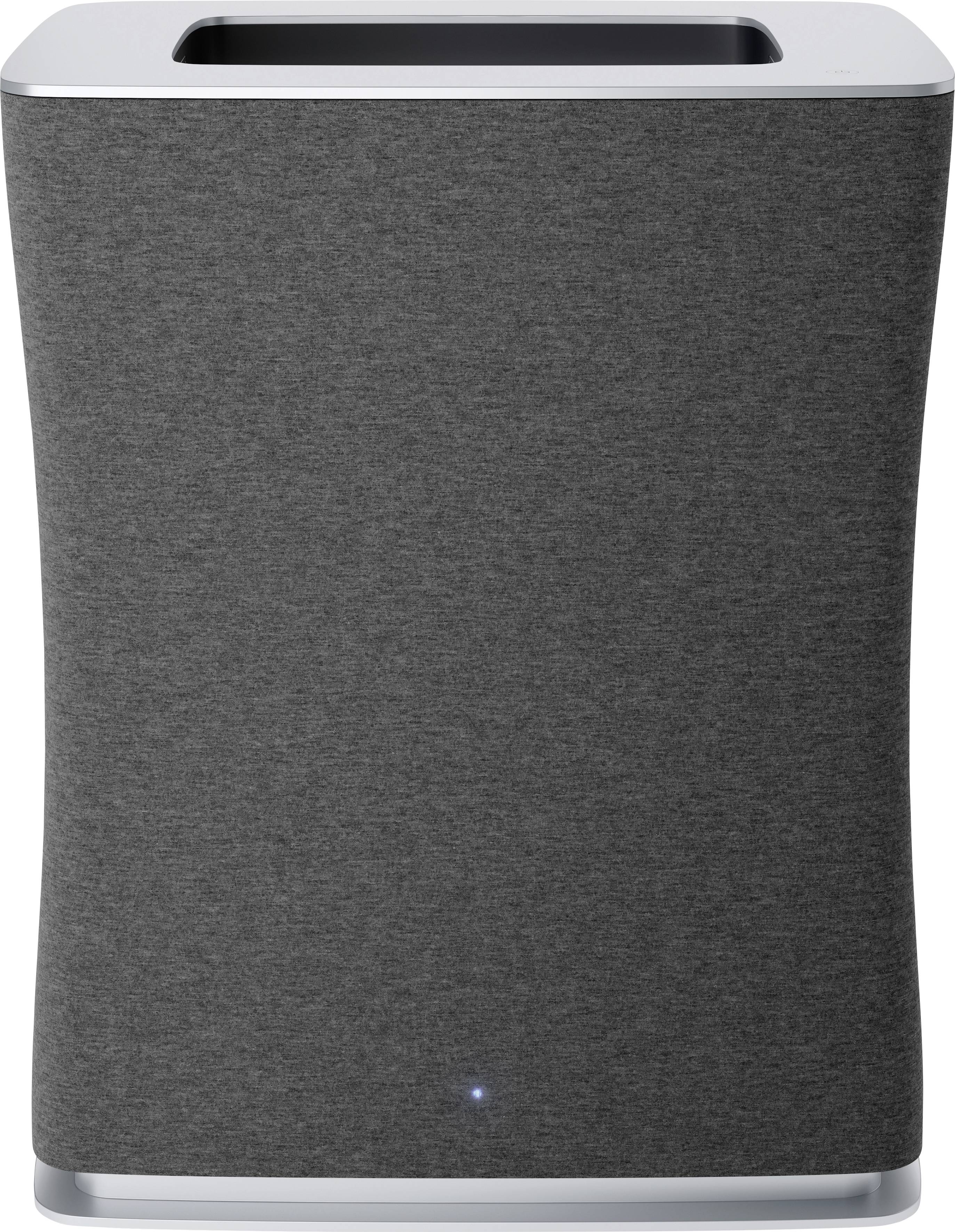 Purificateur d'air moderne, rectangulaire, avec une surface en tissu gris et un bord argenté. Un témoin lumineux bleu s'allume en bas.