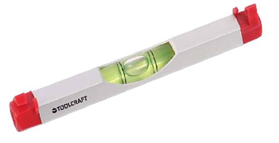 Niveau à bulle avec boîtier en aluminium, protection rouge aux extrémités et bulle verte au centre, marque Toolcraft.