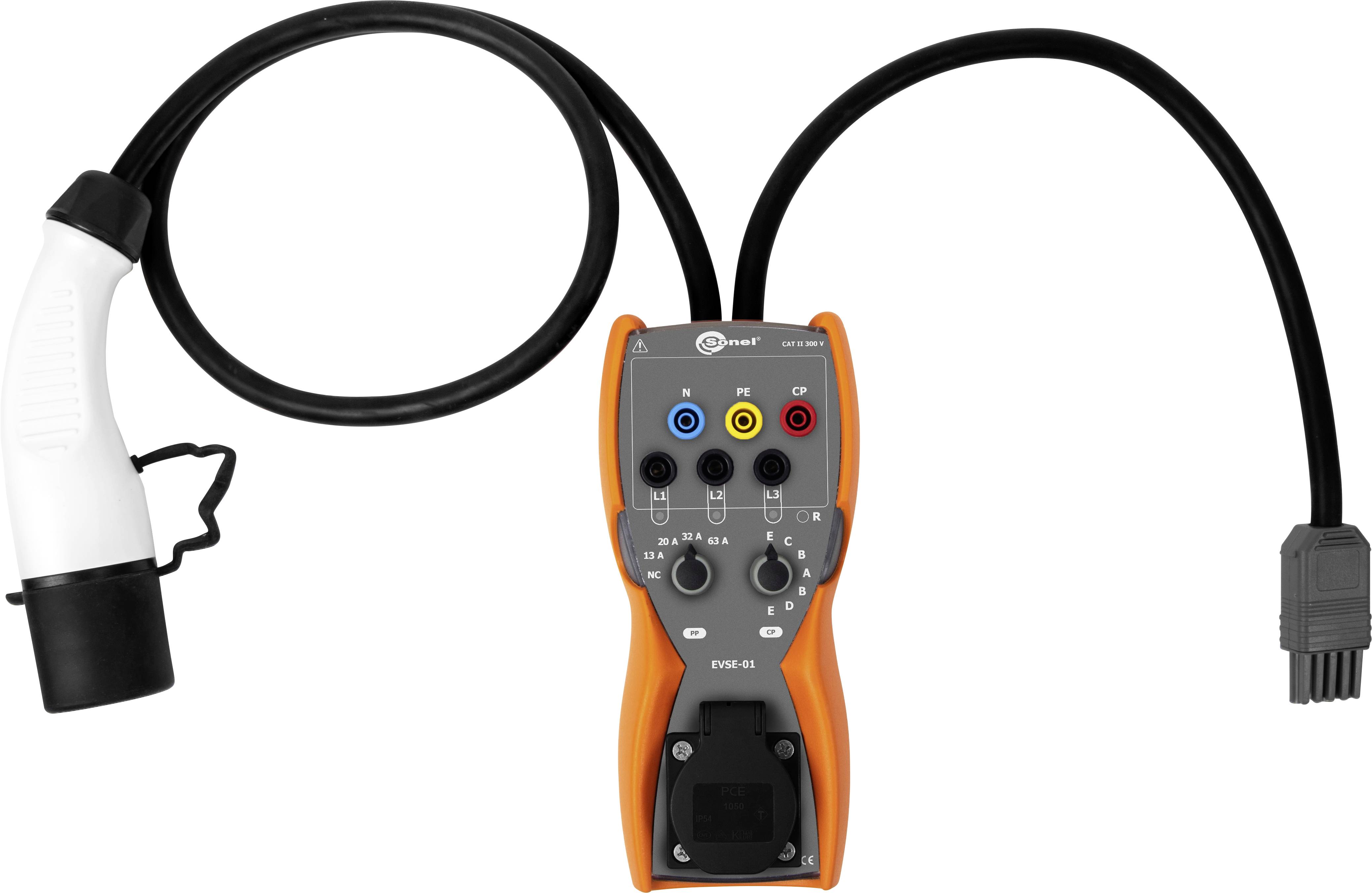 Un dispositif de test orange pour chargeurs de véhicules électriques, équipé de câbles et de connexions, destiné à vérifier la fonctionnalité de charge.