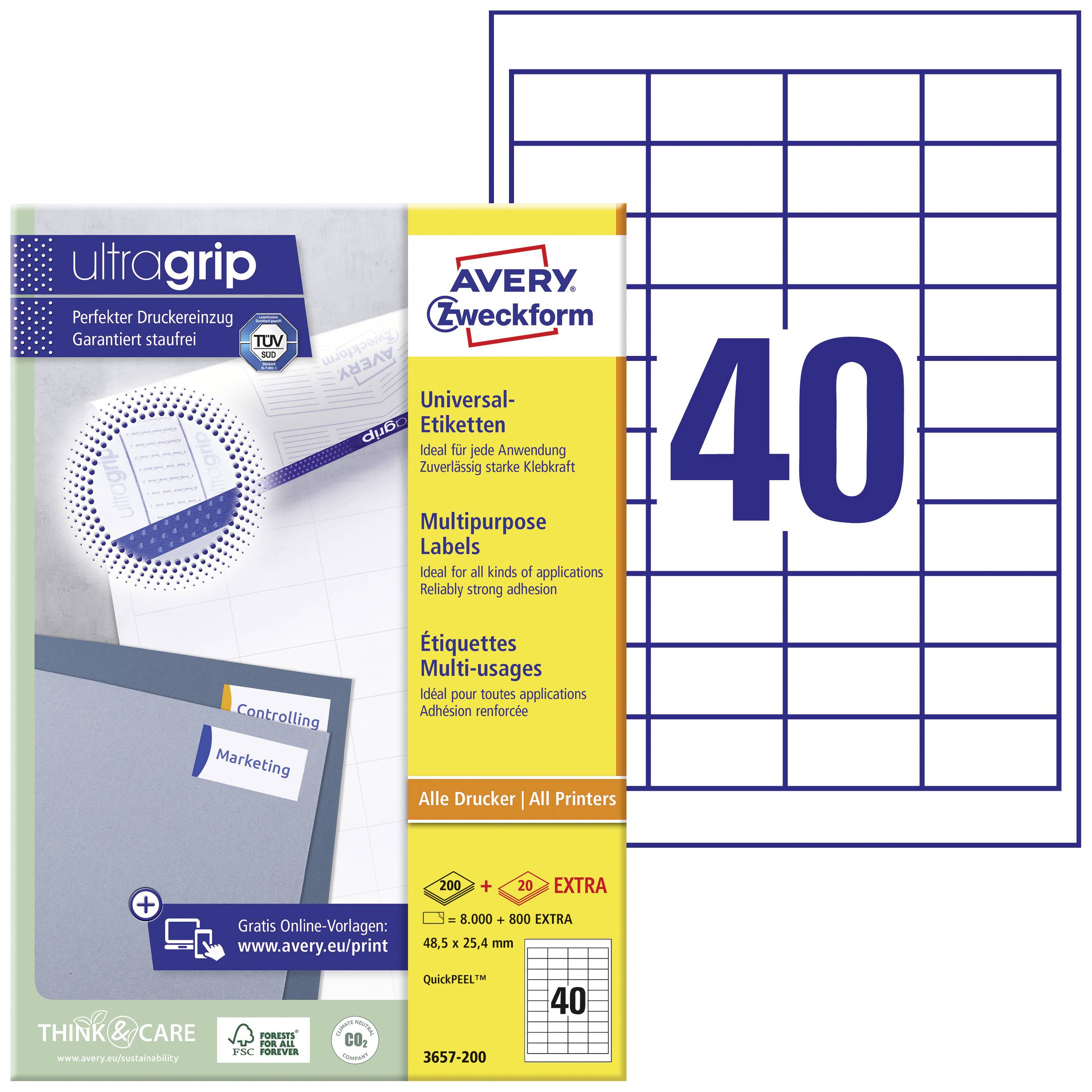 Étiquettes universelles Avery Zweckform 3657, technologie UltraGrip, 40 étiquettes par feuille, convenant à tous types d'imprimantes.