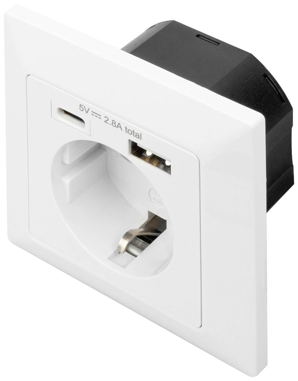 Prise murale blanche avec port de charge USB intégré, 5V, 2,8A au total. Design rectangulaire, adaptée à divers chargeurs.