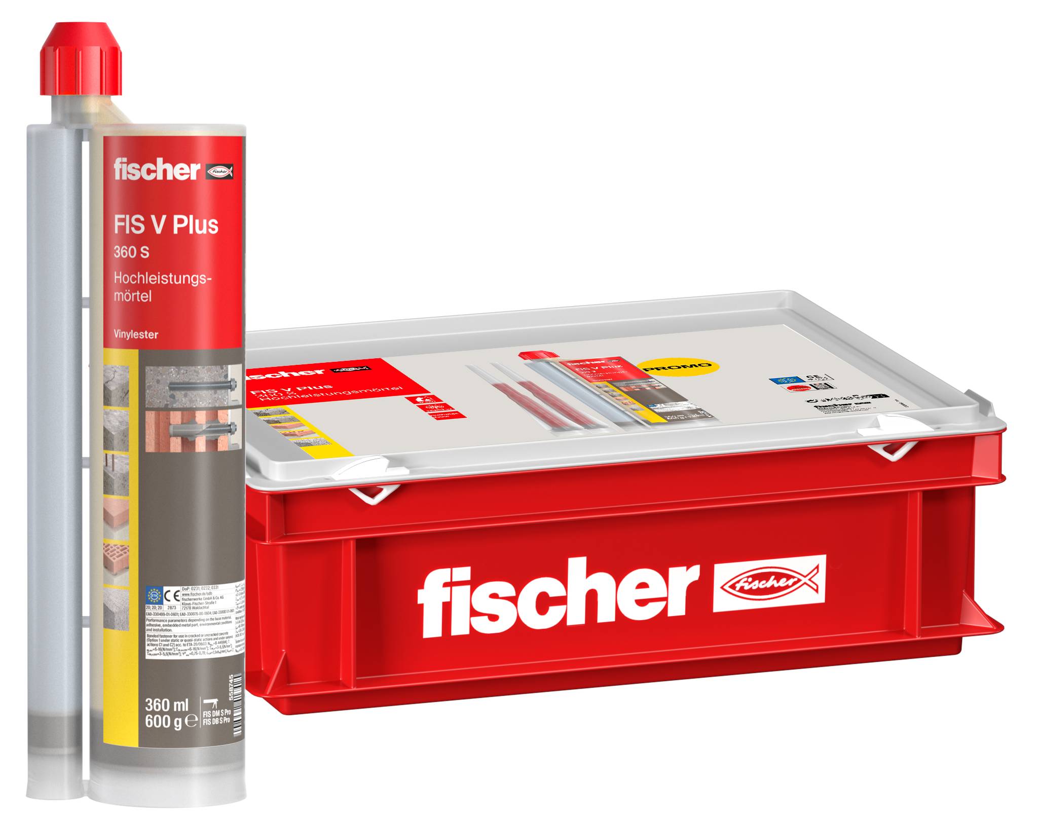 Bac avec marque rouge Fischer et tube de mortier haute performance FIS V Plus, utilisé pour les applications de construction.