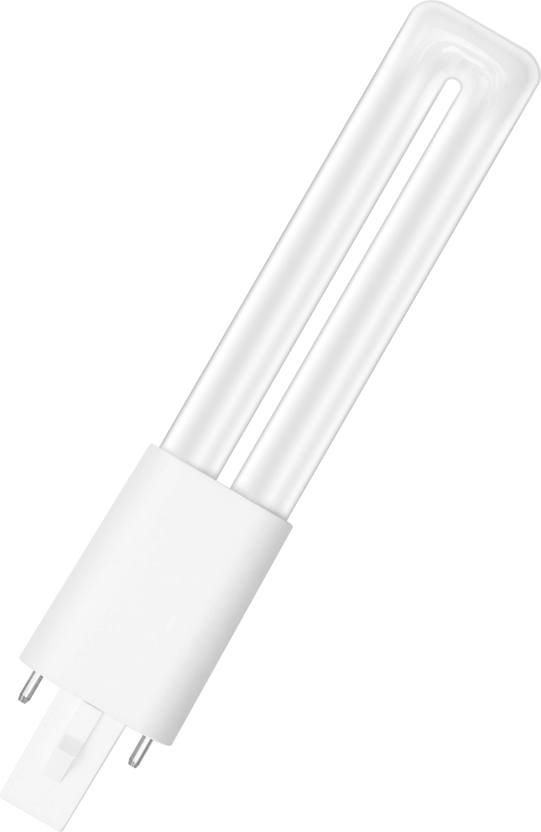 Une ampoule économique blanche unique avec deux tubes parallèles et un socle rectangulaire sur un fond blanc.