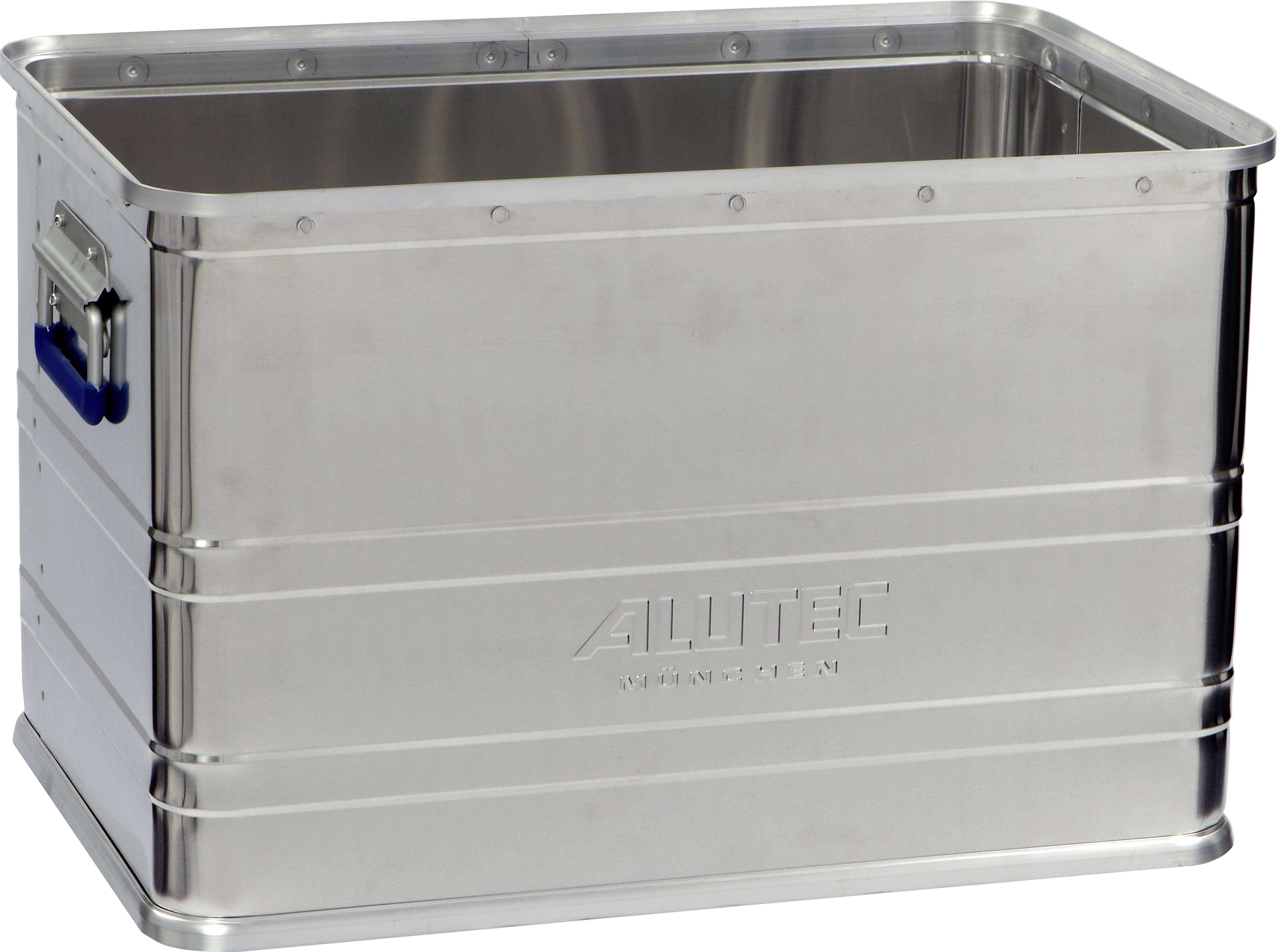 Boîte de transport en aluminium avec poignées latérales, adaptée au stockage et au transport, robuste et empilable.