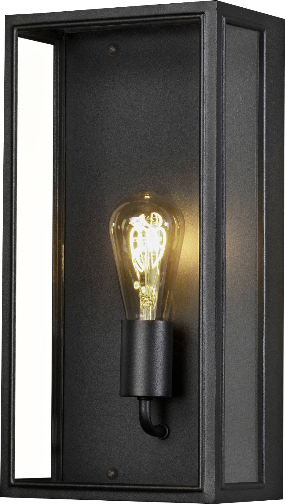 Applique murale noire à cadre ouvert, révélant une ampoule à découvert qui diffuse une lumière chaleureuse. Design minimaliste.